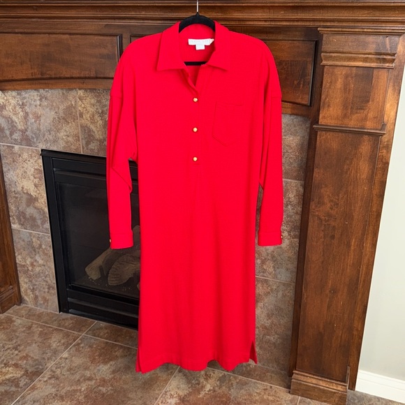 Vintage bright red Howard Wolf collared shirt dress gold tone buttons est size L - Picture 2 of 14